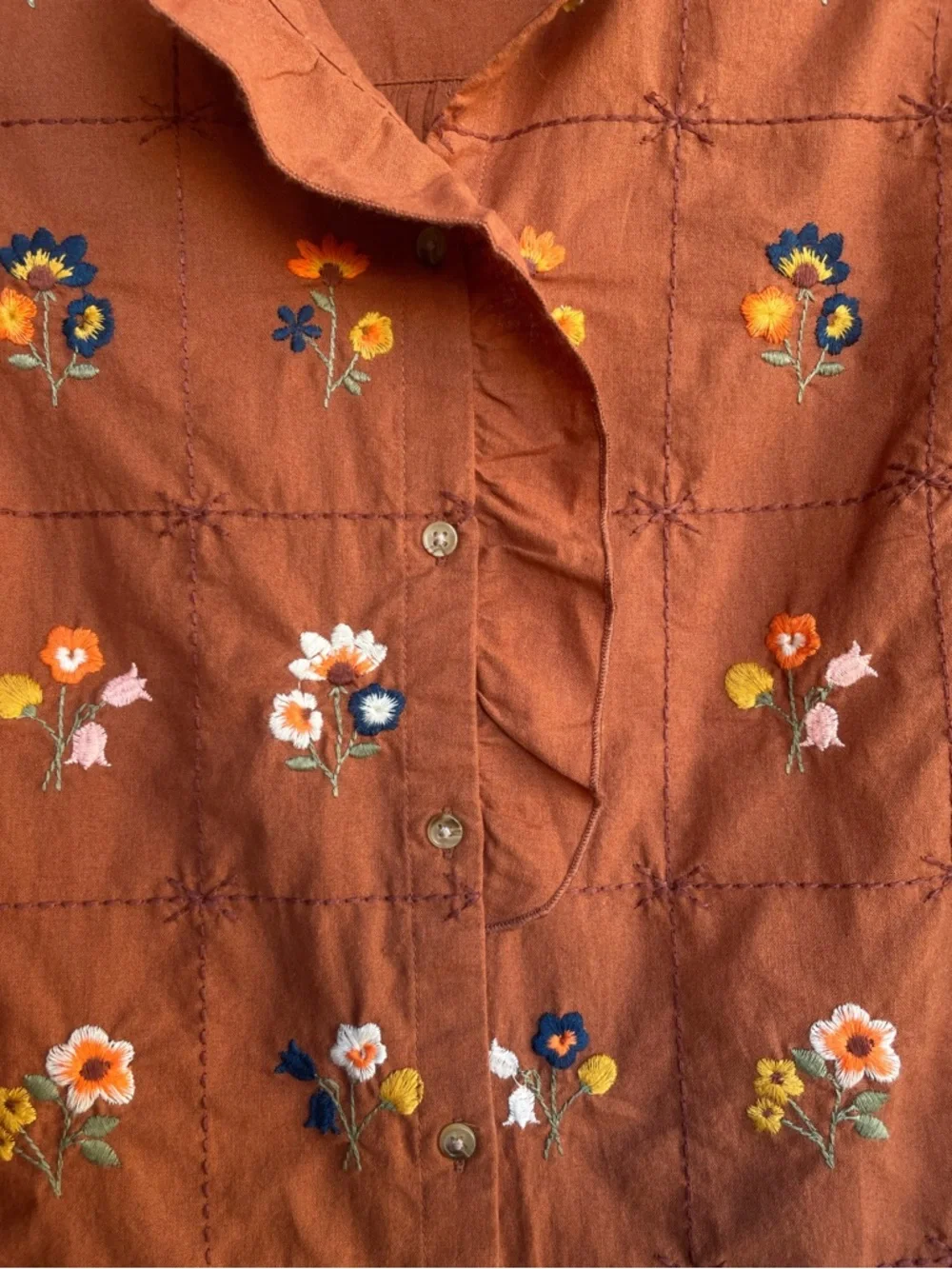 SEZANE Rust Orange Blue Floral Embroidered Ruffle Button Down Shirt Chlo Blouse - Picture 9 of 17